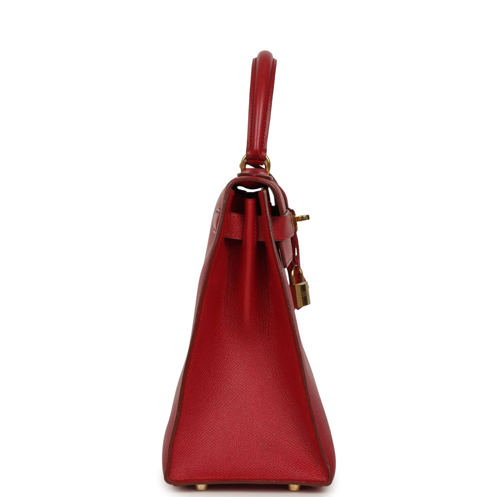 Vintage Hermes Kelly 28 Sellier Rouge Vif Courchevel Gold Hardware