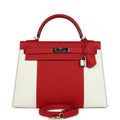 Hermes Flag Kelly Sellier 32 Rouge Casaque and White Epsom Palladium Hardware