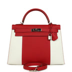 Hermes Flag Kelly Sellier 32 Rouge Casaque and White Epsom Palladium Hardware