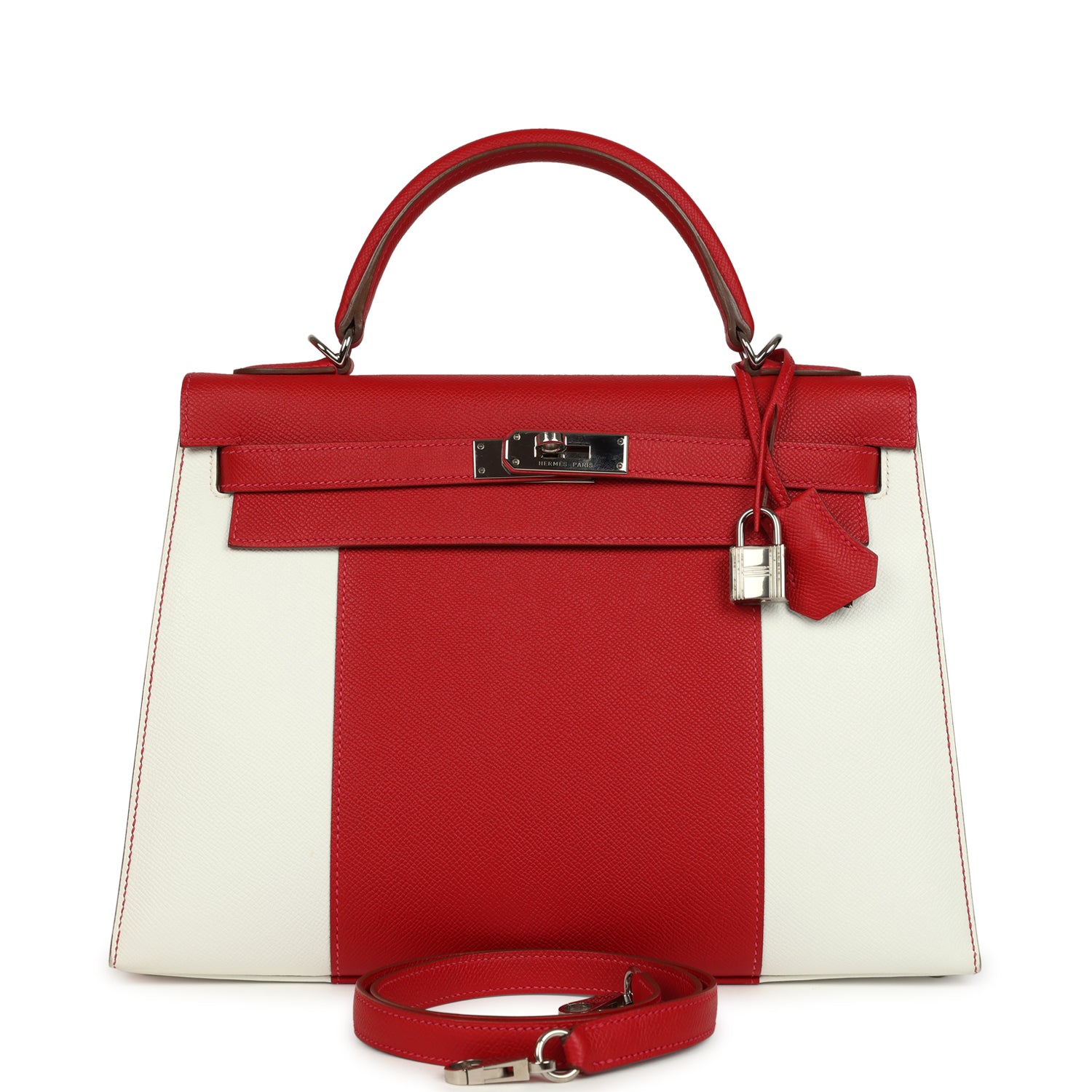 Hermes Flag Kelly Sellier 32 Rouge Casaque and White Epsom Palladium Hardware