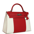 Hermes Flag Kelly Sellier 32 Rouge Casaque and White Epsom Palladium Hardware