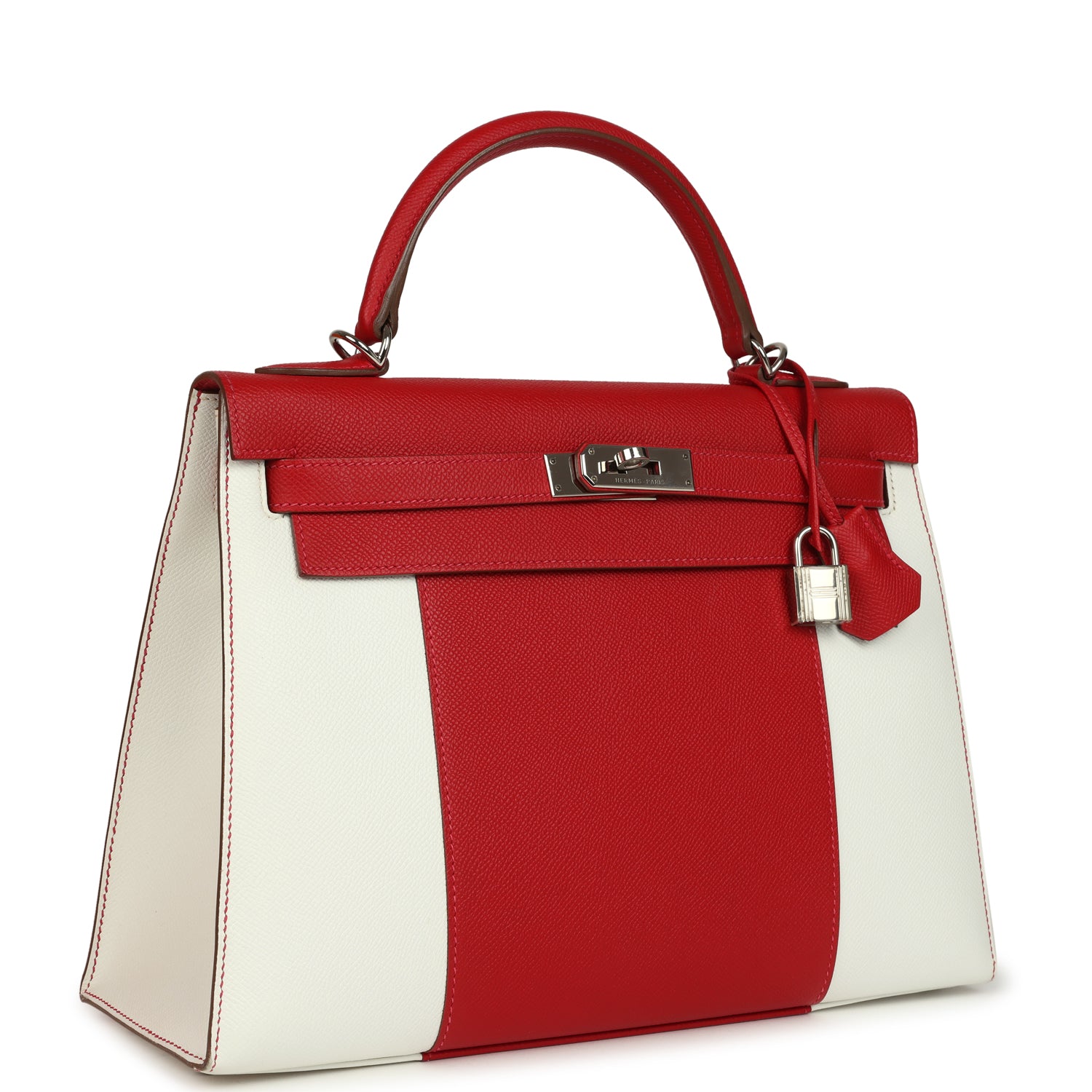 Hermes Flag Kelly Sellier 32 Rouge Casaque and White Epsom Palladium Hardware
