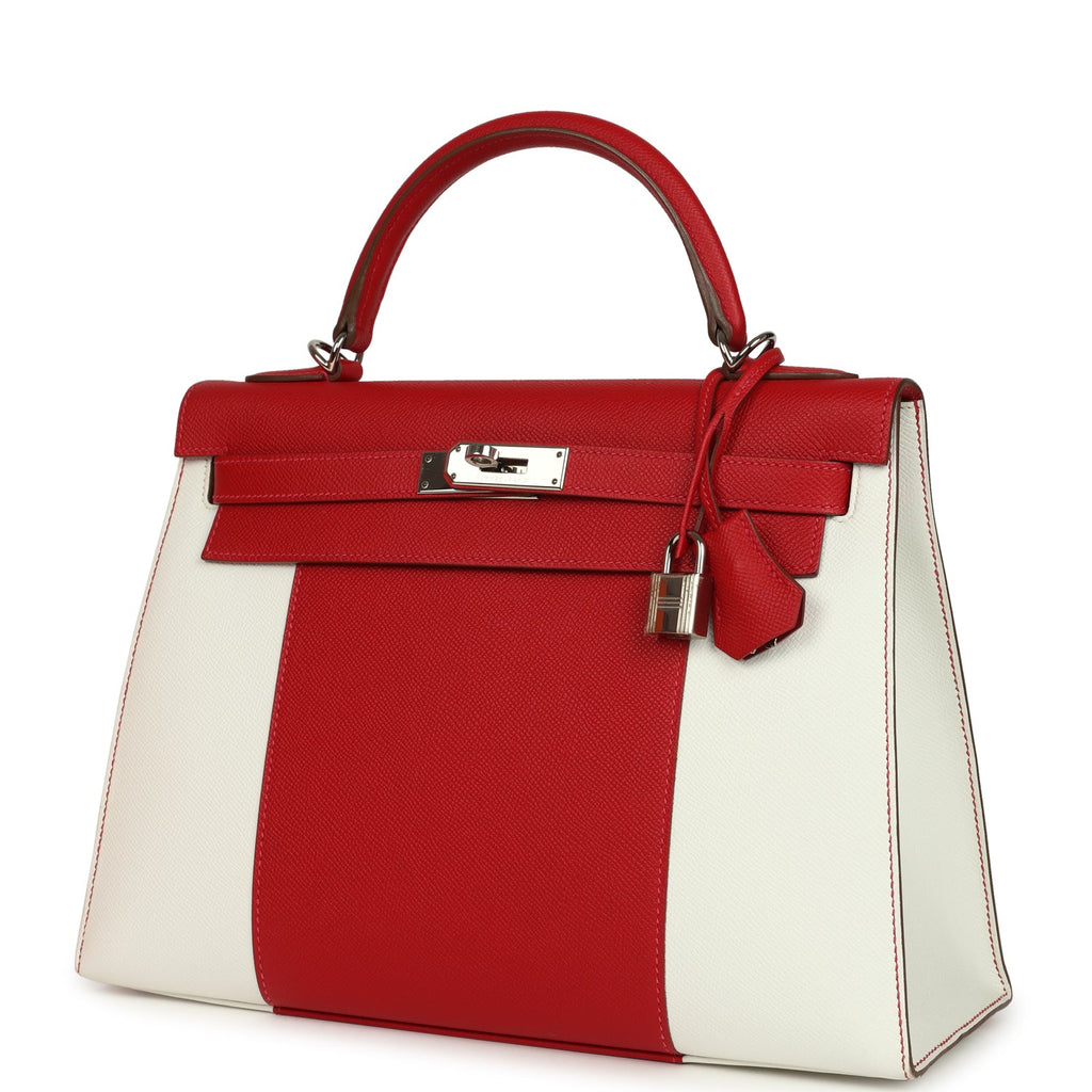 Hermes Flag Kelly Sellier 32 Rouge Casaque and White Epsom Palladium Hardware