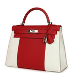 Hermes Flag Kelly Sellier 32 Rouge Casaque and White Epsom Palladium Hardware