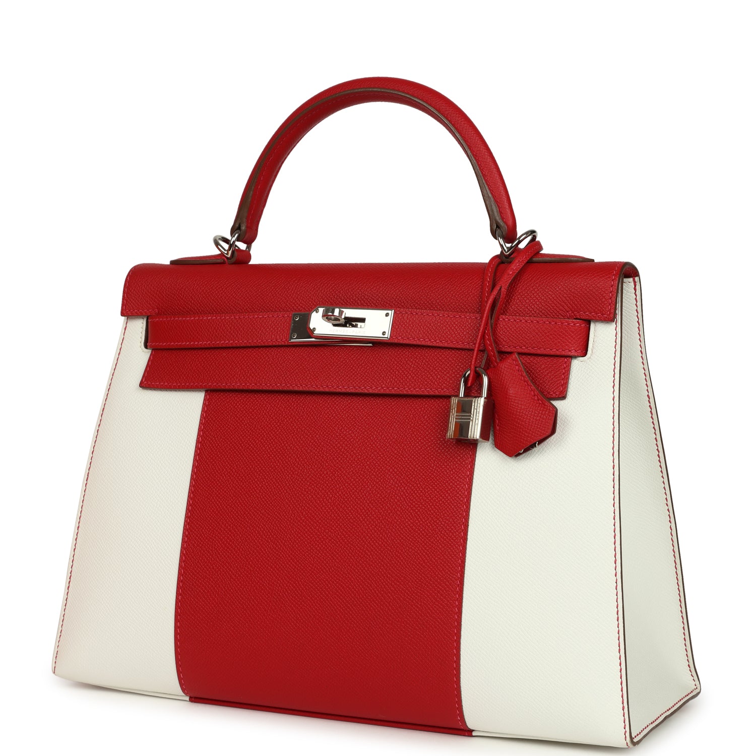 Hermes Flag Kelly Sellier 32 Rouge Casaque and White Epsom Palladium Hardware