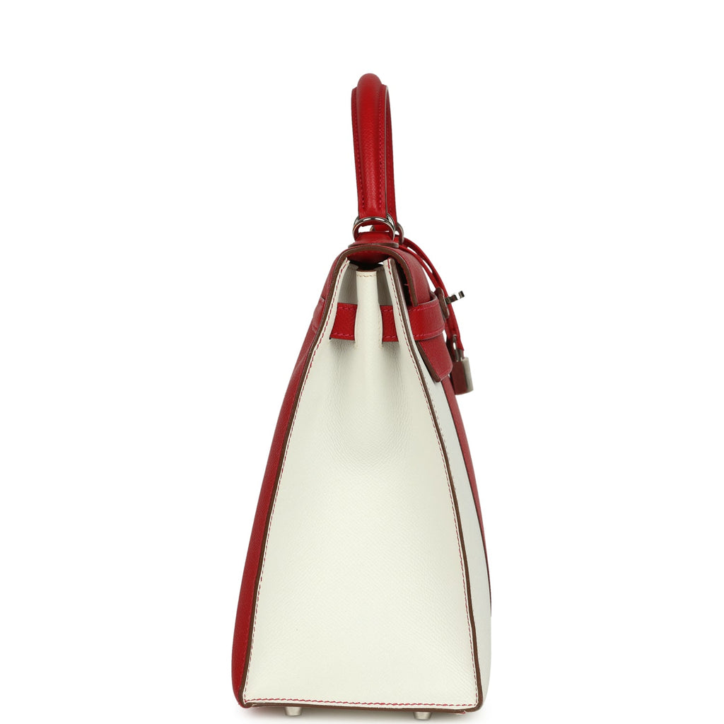 Hermes Flag Kelly Sellier 32 Rouge Casaque and White Epsom Palladium Hardware