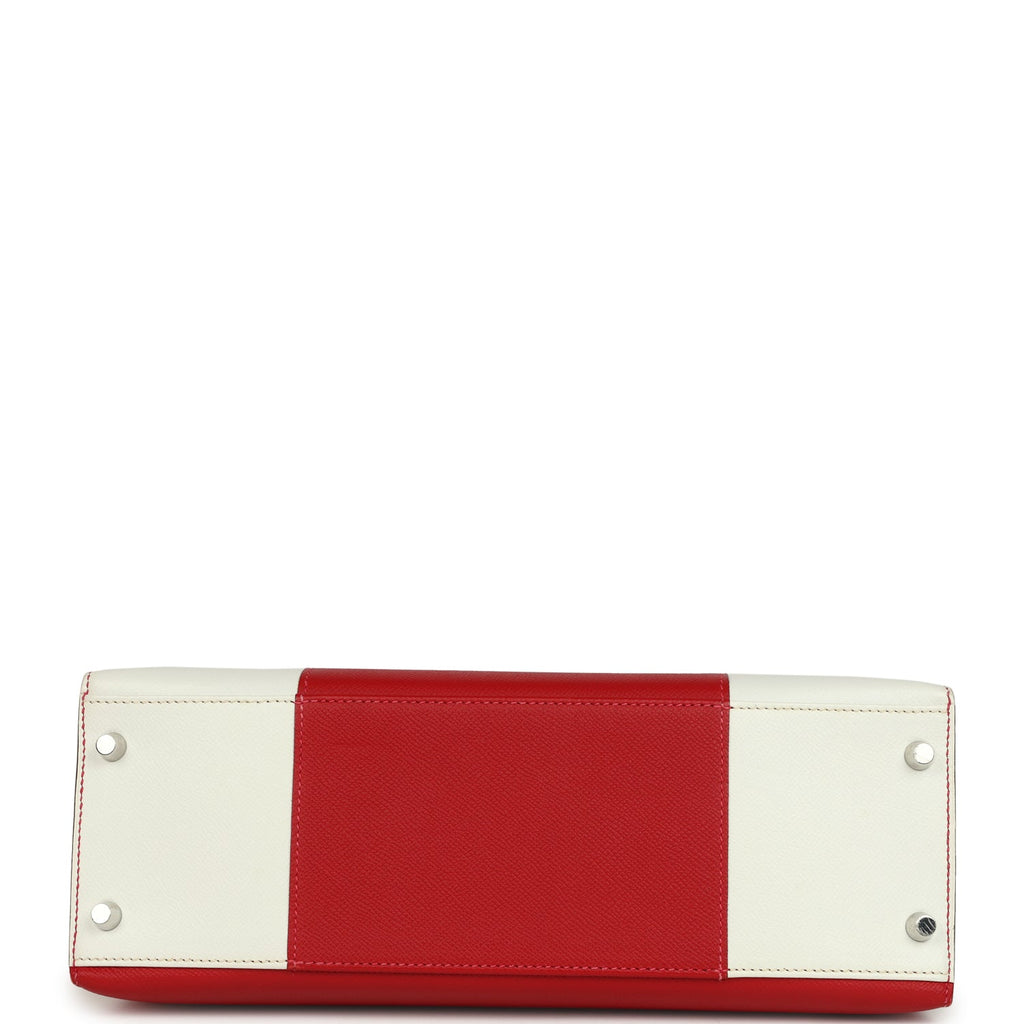 Hermes Flag Kelly Sellier 32 Rouge Casaque and White Epsom Palladium Hardware