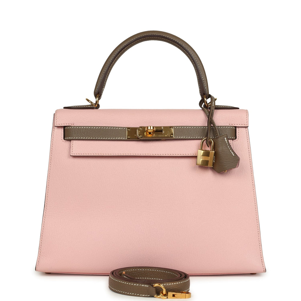 Hermes Special Order (HSS) Kelly Sellier 28 Rose Sakura and Etoupe Chevre Gold Hardware