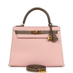 Hermes Special Order (HSS) Kelly Sellier 28 Rose Sakura and Etoupe Chevre Gold Hardware