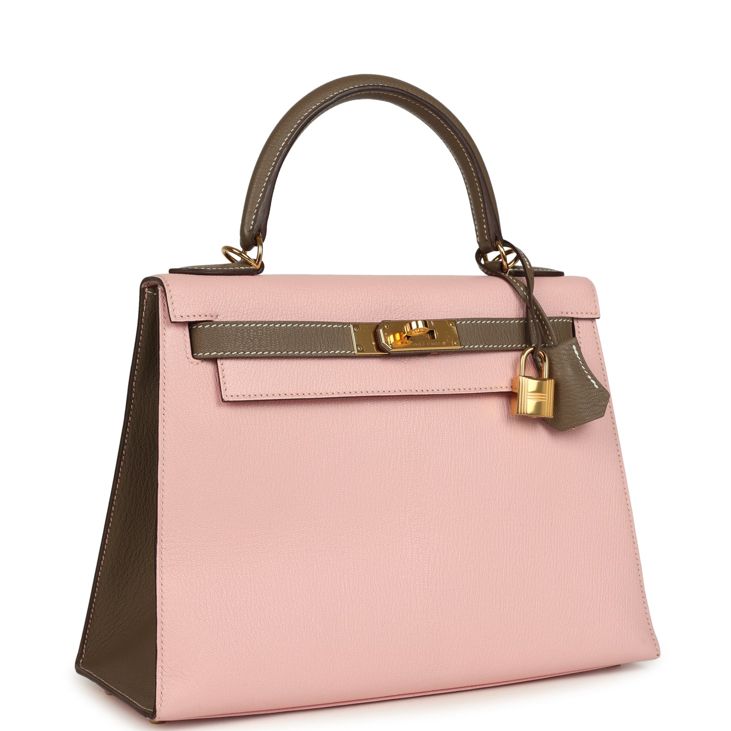 Hermes Special Order (HSS) Kelly Sellier 28 Rose Sakura and Etoupe Chevre Gold Hardware