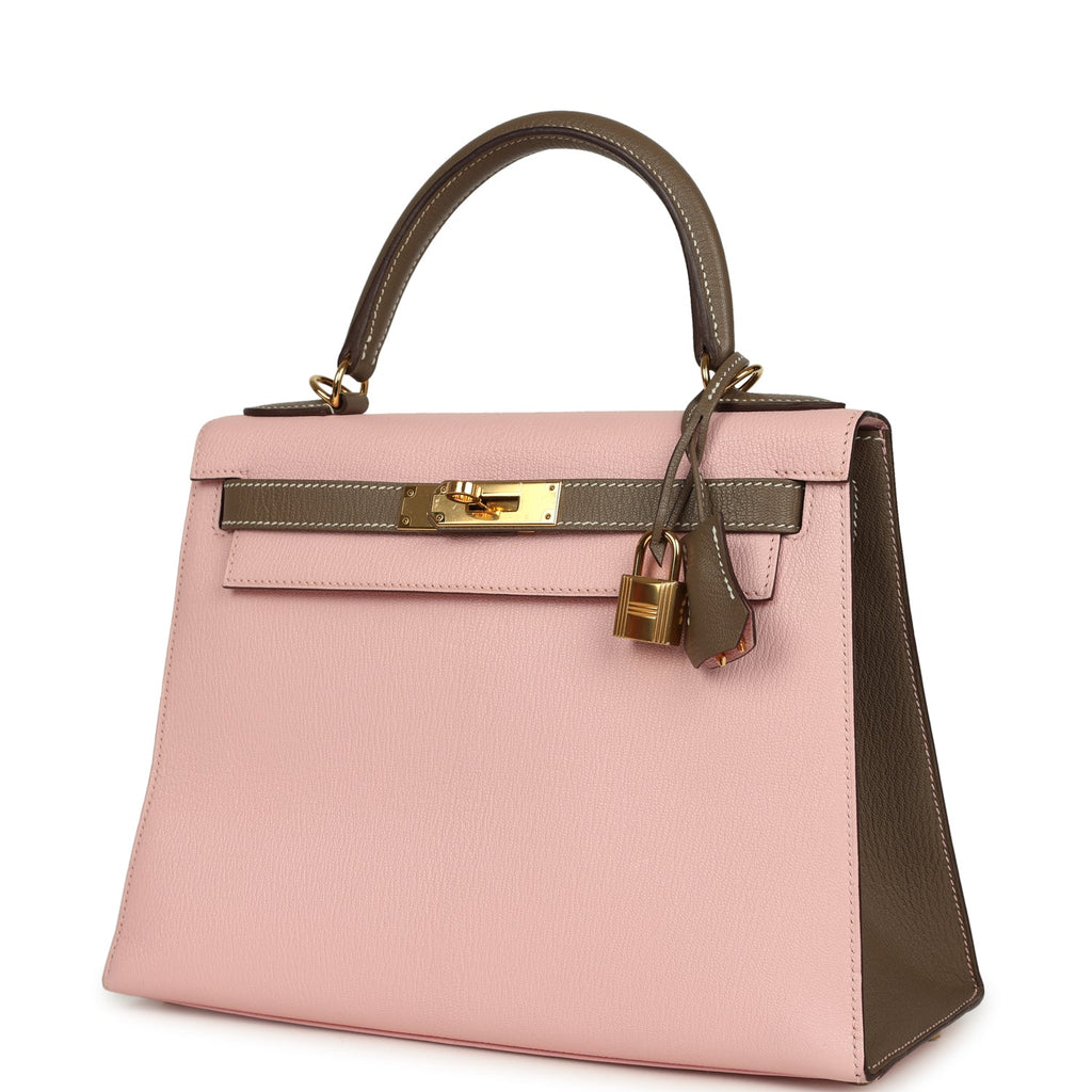 Hermes Special Order (HSS) Kelly Sellier 28 Rose Sakura and Etoupe Chevre Gold Hardware