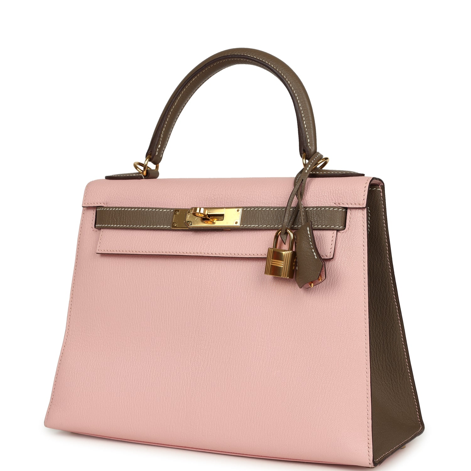Hermes Special Order (HSS) Kelly Sellier 28 Rose Sakura and Etoupe Chevre Gold Hardware