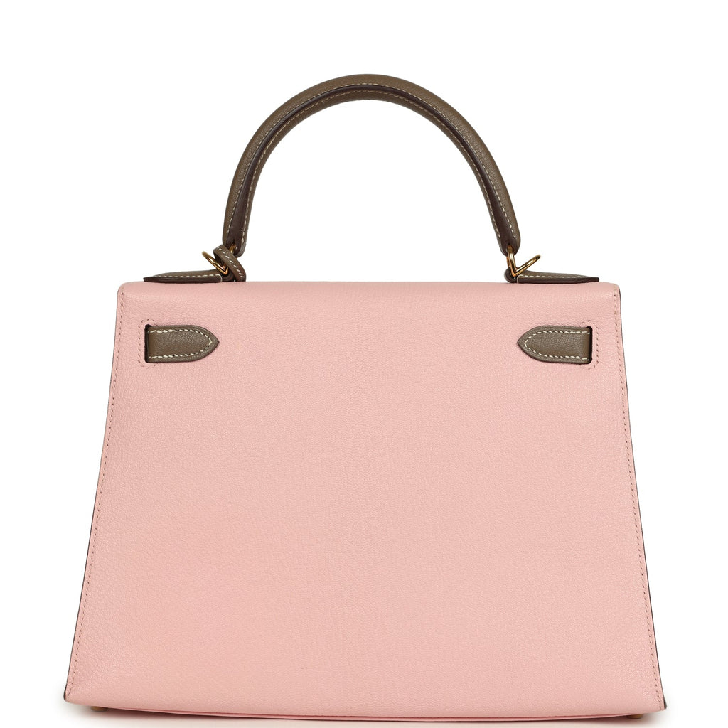 Hermes Special Order (HSS) Kelly Sellier 28 Rose Sakura and Etoupe Chevre Gold Hardware