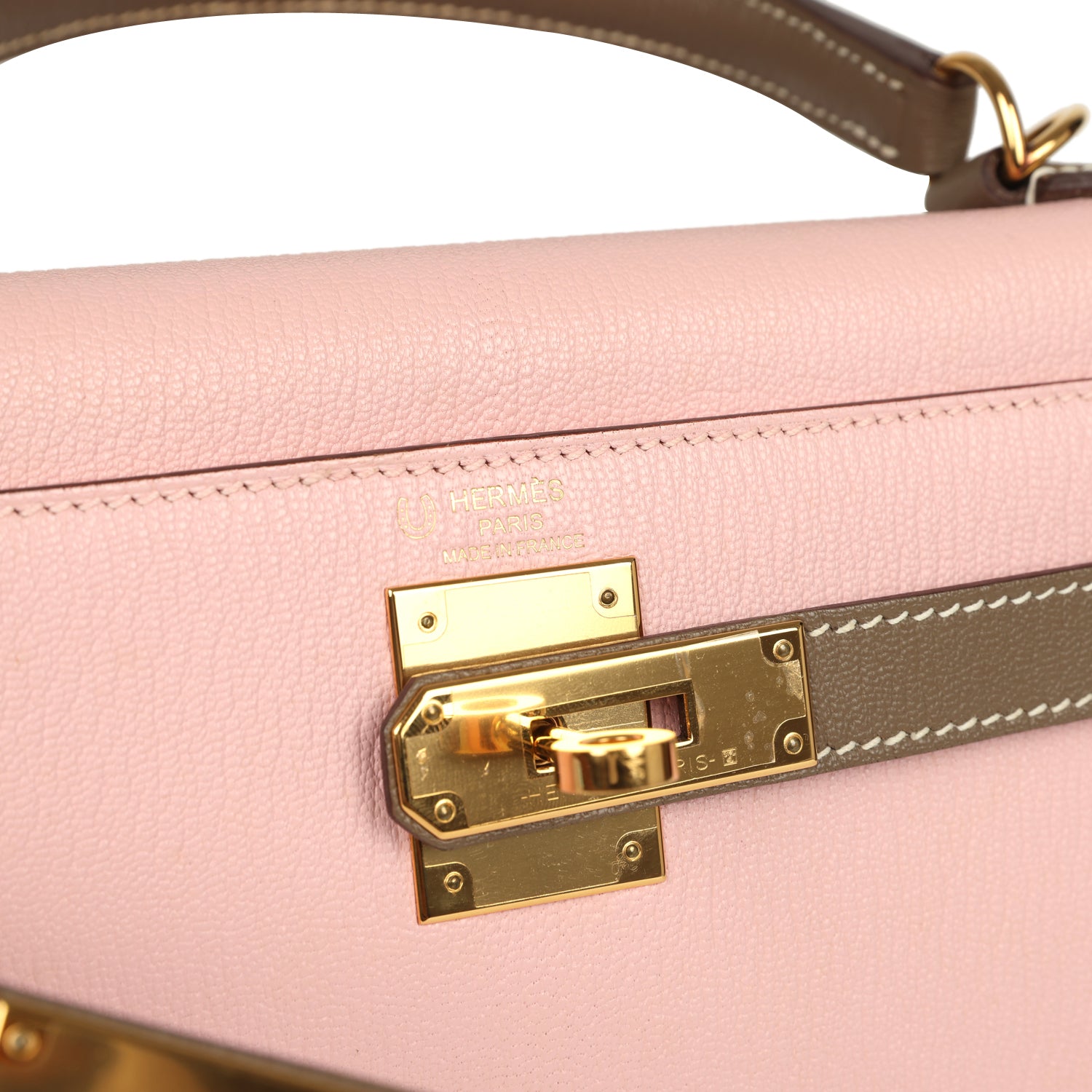 Hermes Special Order (HSS) Kelly Sellier 28 Rose Sakura and Etoupe Chevre Gold Hardware