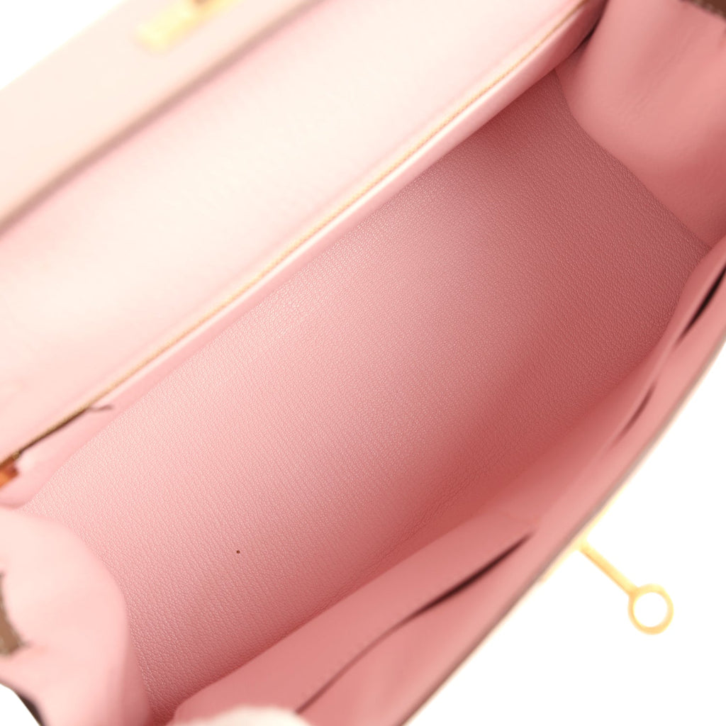 Hermes Special Order (HSS) Kelly Sellier 28 Rose Sakura and Etoupe Chevre Gold Hardware