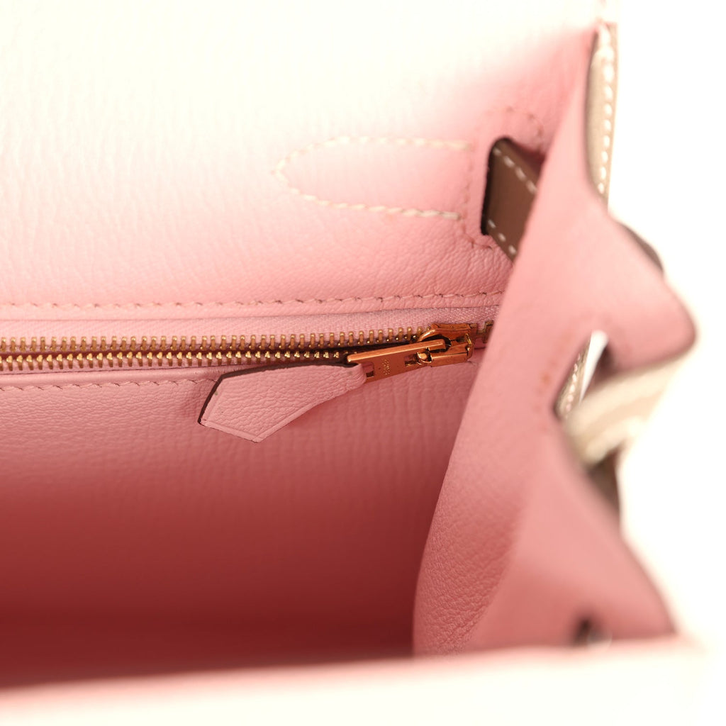 Hermes Special Order (HSS) Kelly Sellier 28 Rose Sakura and Etoupe Chevre Gold Hardware