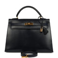 Vintage Hermes Kelly Sellier 32 Bleu Marine Box Gold Hardware