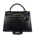 Vintage Hermes Kelly Sellier 32 Bleu Marine Box Gold Hardware