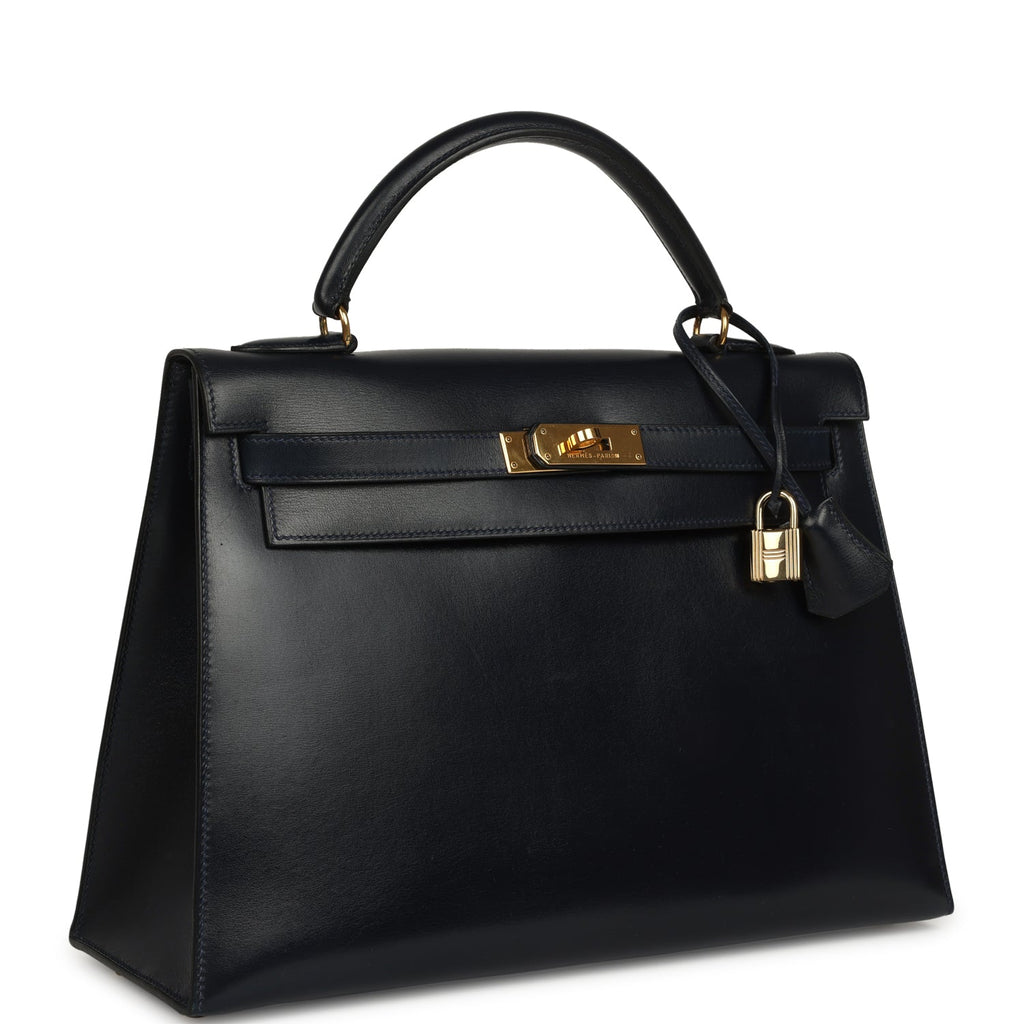 Vintage Hermes Kelly Sellier 32 Bleu Marine Box Gold Hardware