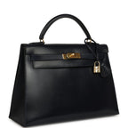Vintage Hermes Kelly Sellier 32 Bleu Marine Box Gold Hardware