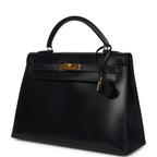 Vintage Hermes Kelly Sellier 32 Bleu Marine Box Gold Hardware