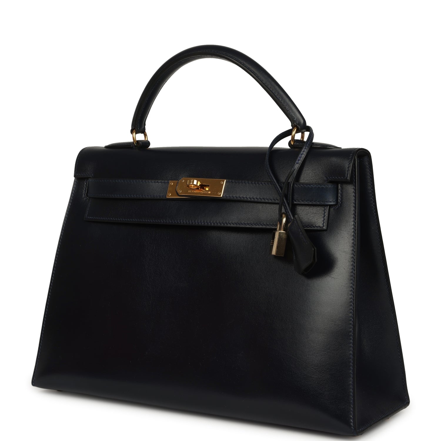Vintage Hermes Kelly Sellier 32 Bleu Marine Box Gold Hardware