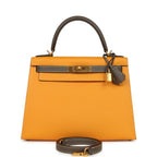 Hermes Special Order (HSS) Kelly Sellier 28 Jaune Ambre and Etoupe Epsom Brushed Gold Hardware
