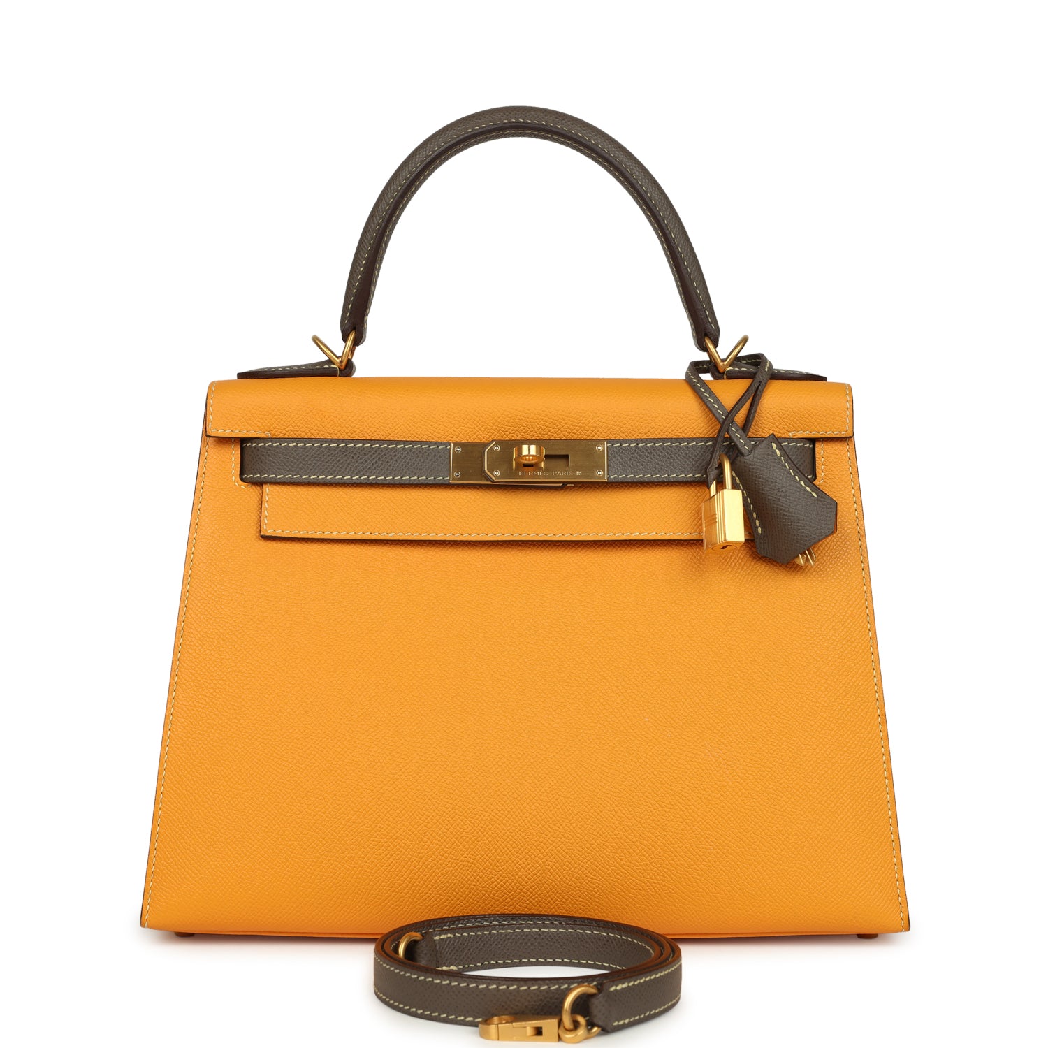 Hermes Special Order (HSS) Kelly Sellier 28 Jaune Ambre and Etoupe Epsom Brushed Gold Hardware