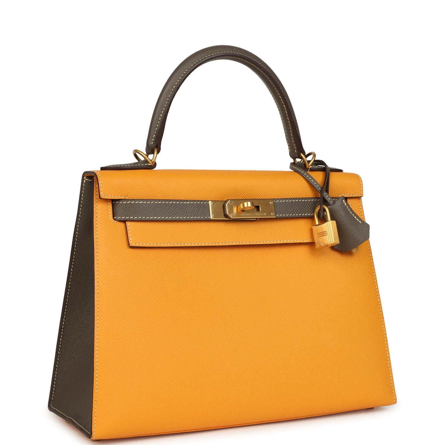Hermes Special Order (HSS) Kelly Sellier 28 Jaune Ambre and Etoupe Epsom Brushed Gold Hardware