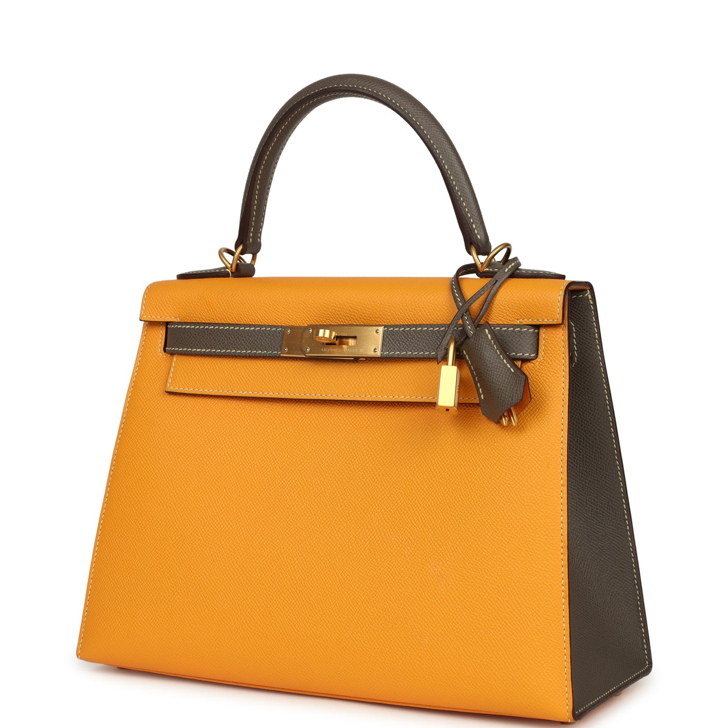 Hermes Special Order (HSS) Kelly Sellier 28 Jaune Ambre and Etoupe Epsom Brushed Gold Hardware