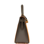 Hermes Special Order (HSS) Kelly Sellier 28 Jaune Ambre and Etoupe Epsom Brushed Gold Hardware