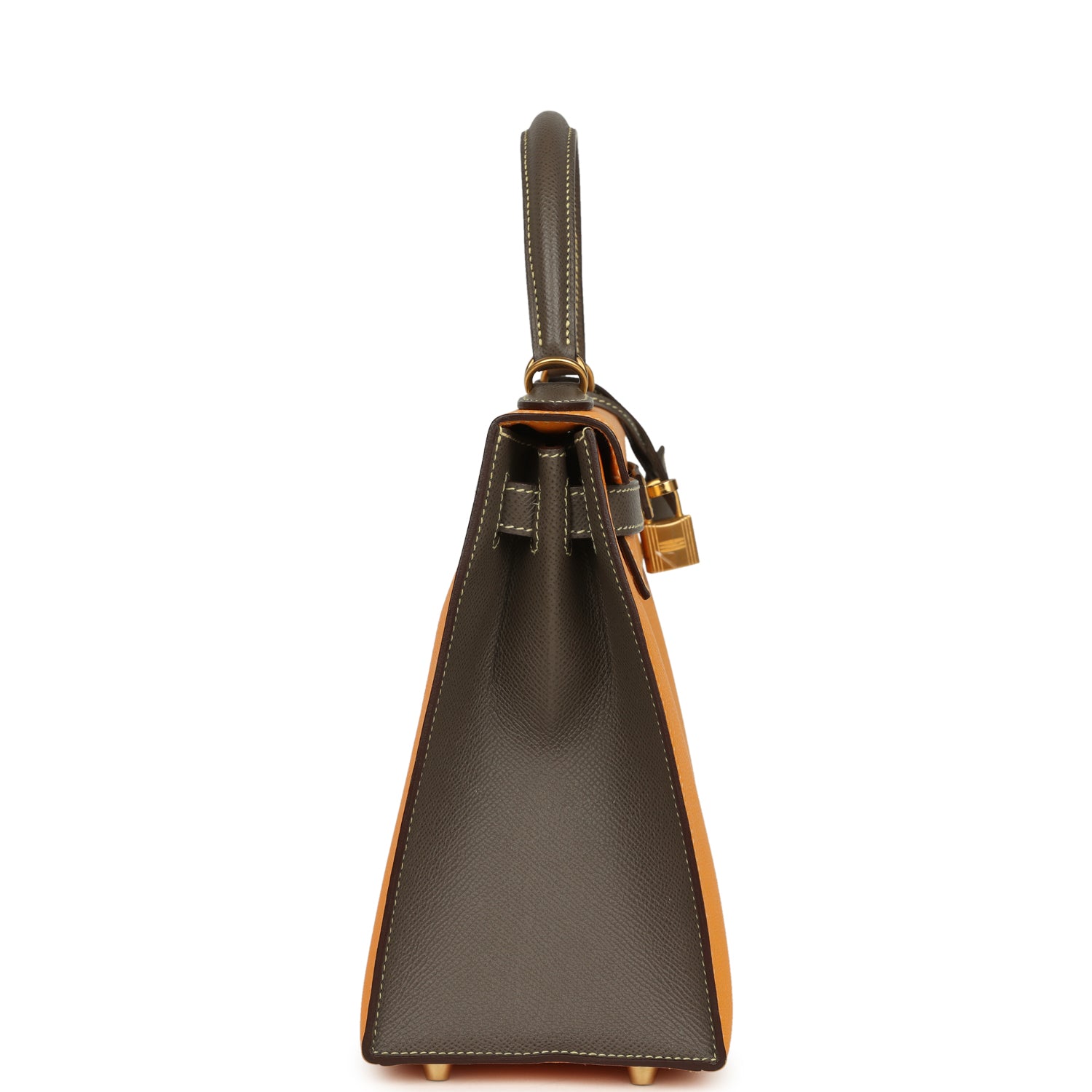 Hermes Special Order (HSS) Kelly Sellier 28 Jaune Ambre and Etoupe Epsom Brushed Gold Hardware