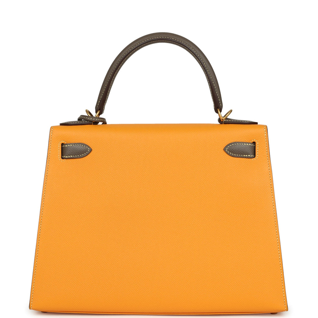 Hermes Special Order (HSS) Kelly Sellier 28 Jaune Ambre and Etoupe Epsom Brushed Gold Hardware