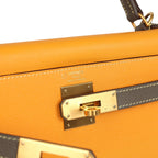 Hermes Special Order (HSS) Kelly Sellier 28 Jaune Ambre and Etoupe Epsom Brushed Gold Hardware