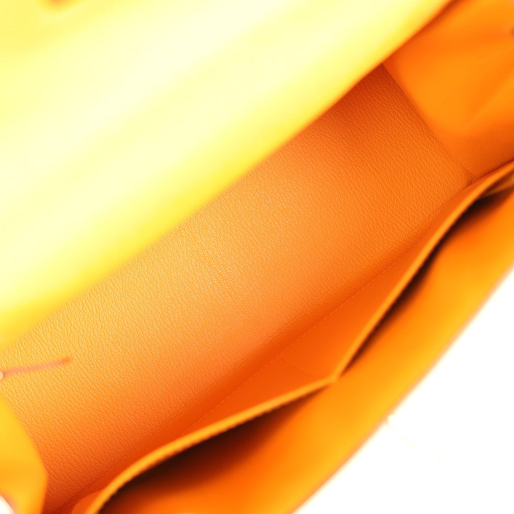 Hermes Special Order (HSS) Kelly Sellier 28 Jaune Ambre and Etoupe Epsom Brushed Gold Hardware