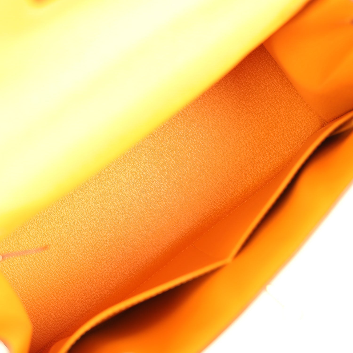 Hermes Special Order (HSS) Kelly Sellier 28 Jaune Ambre and Etoupe Epsom Brushed Gold Hardware