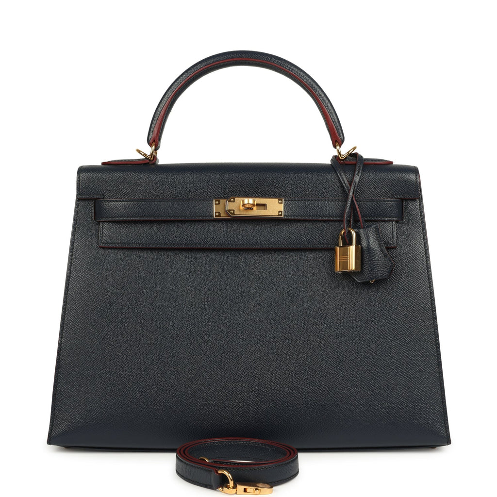 Hermes Kelly Sellier 32 Bleu Indigo and Rouge H Contour Epsom Gold Hardware