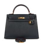 Hermes Kelly Sellier 32 Bleu Indigo and Rouge H Contour Epsom Gold Hardware
