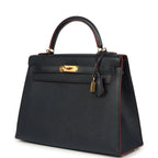 Hermes Kelly Sellier 32 Bleu Indigo and Rouge H Contour Epsom Gold Hardware