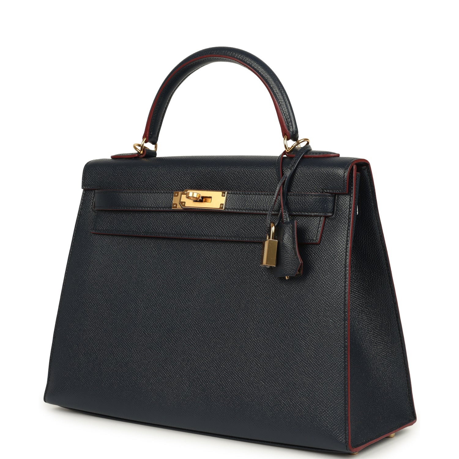 Hermes Kelly Sellier 32 Bleu Indigo and Rouge H Contour Epsom Gold Hardware