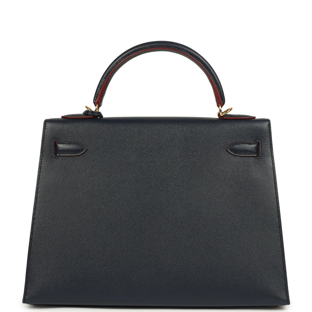 Hermes Kelly Sellier 32 Bleu Indigo and Rouge H Contour Epsom Gold Hardware