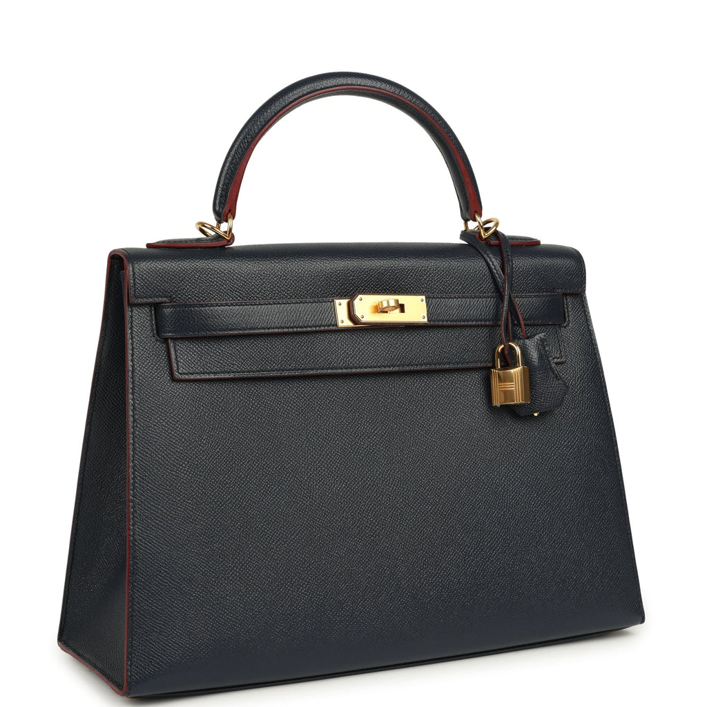 Hermes Kelly Sellier 32 Bleu Indigo and Rouge H Contour Epsom Gold Hardware