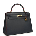 Hermes Kelly Sellier 32 Bleu Indigo and Rouge H Contour Epsom Gold Hardware