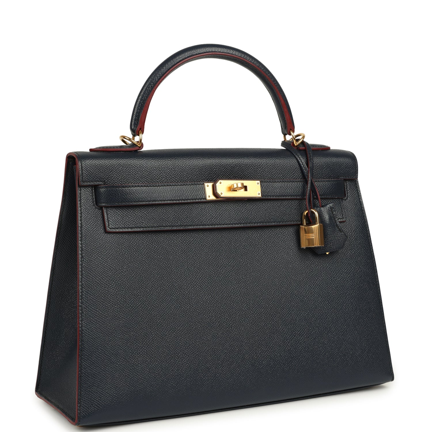 Hermes Kelly Sellier 32 Bleu Indigo and Rouge H Contour Epsom Gold Hardware
