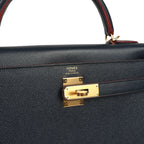 Hermes Kelly Sellier 32 Bleu Indigo and Rouge H Contour Epsom Gold Hardware