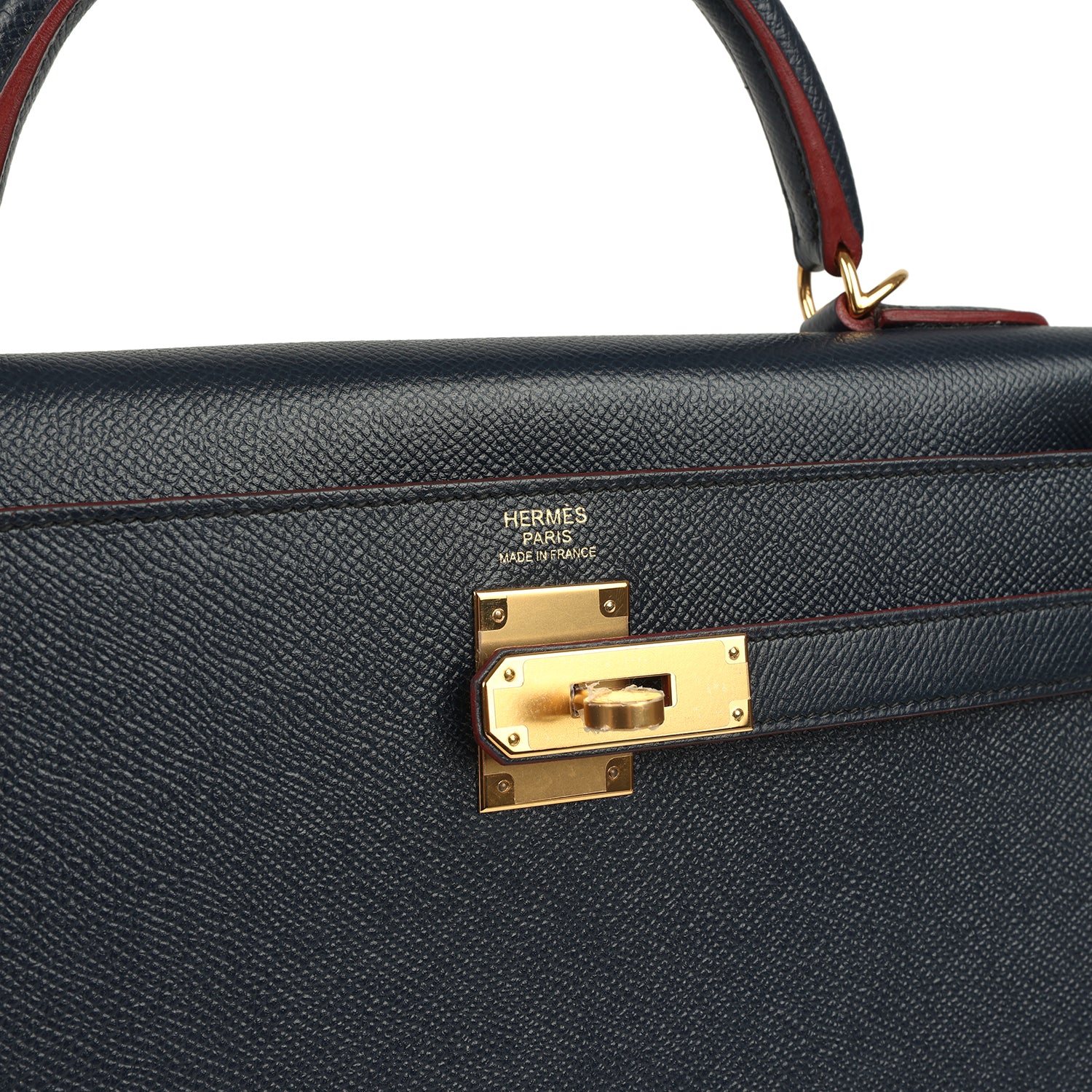Hermes Kelly Sellier 32 Bleu Indigo and Rouge H Contour Epsom Gold Hardware