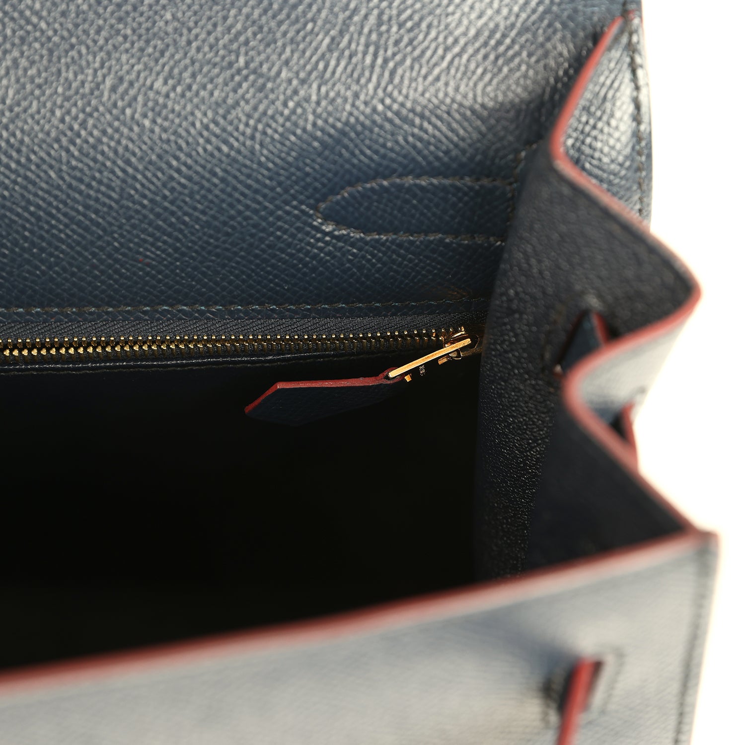 Hermes Kelly Sellier 32 Bleu Indigo and Rouge H Contour Epsom Gold Hardware