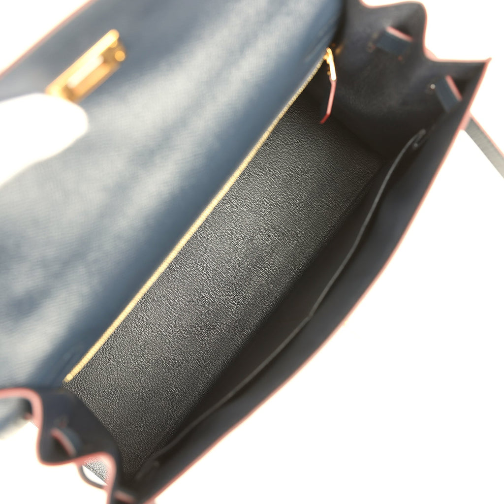 Hermes Kelly Sellier 32 Bleu Indigo and Rouge H Contour Epsom Gold Hardware