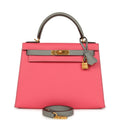 Hermes Special Order (HSS) Kelly Sellier 28 Rose Azalee and Gris Mouette Epsom Brushed Gold Hardware