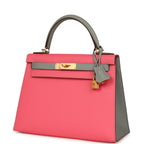 Hermes Special Order (HSS) Kelly Sellier 28 Rose Azalee and Gris Mouette Epsom Brushed Gold Hardware